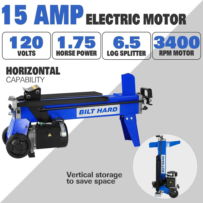 BILT HARD Log Splitter 6.5 Ton with Stand, Wood Electric Powered, Hydraulic Ram, Firewood Splitting Machine Black Stand Wood Splitter