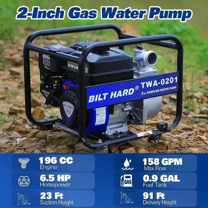 BILT HARD Semi Trash Pump 2 inch, 158 GPM 6.5HP Gas Powered Water Pump, 196cc 4-Cycle Engine with 50 ft Discharge Hose, 12 ft Suction Hose and Complete Fittings, EPA Certified