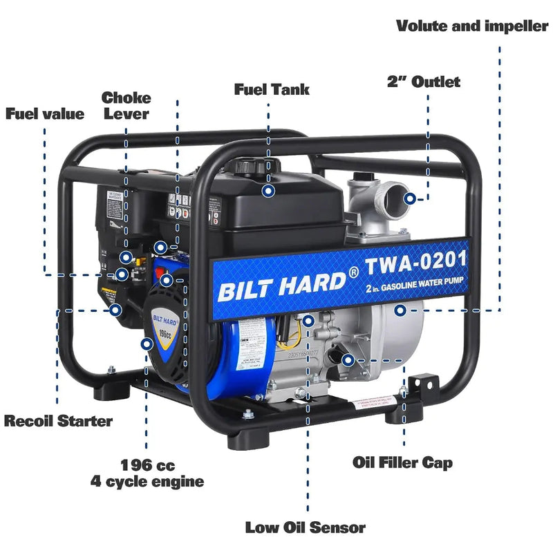 BILT HARD Semi Trash Pump 2 inch, 158 GPM 6.5HP Gas Powered Water Pump, 196cc 4-Cycle Engine with 50 ft Discharge Hose, 12 ft Suction Hose and Complete Fittings, EPA Certified