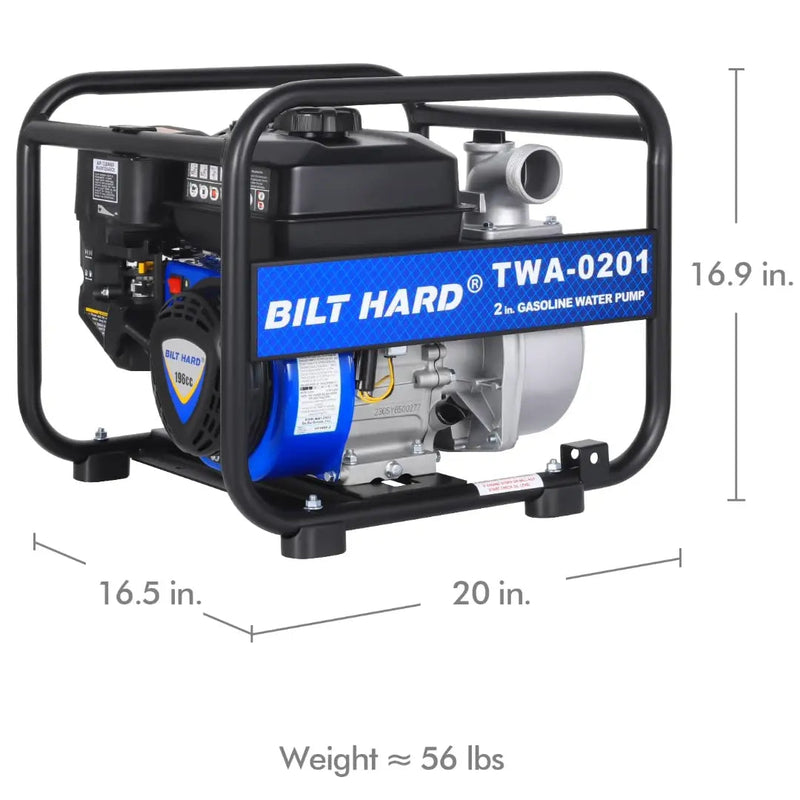 BILT HARD Semi Trash Pump 2 inch, 158 GPM 6.5HP Gas Powered Water Pump, 196cc 4-Cycle Engine with 50 ft Discharge Hose, 12 ft Suction Hose and Complete Fittings, EPA Certified