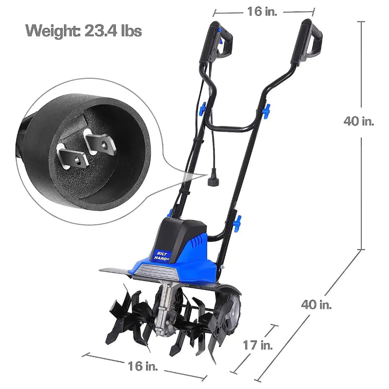 BILT HARD Tiller Cultivator 16 inch, 13.5 Amp 6 Steel Tines Tillers for Gardening Foldable, Electric Garden Rototiller with Adjustable Wheels