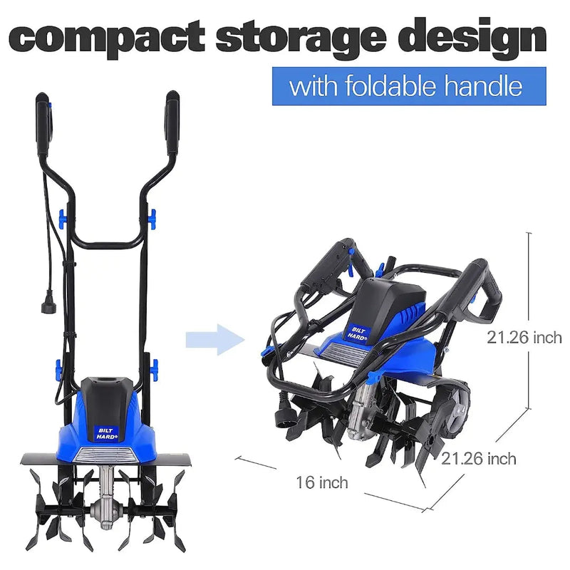 BILT HARD Tiller Cultivator 16 inch, 13.5 Amp 6 Steel Tines Tillers for Gardening Foldable, Electric Garden Rototiller with Adjustable Wheels