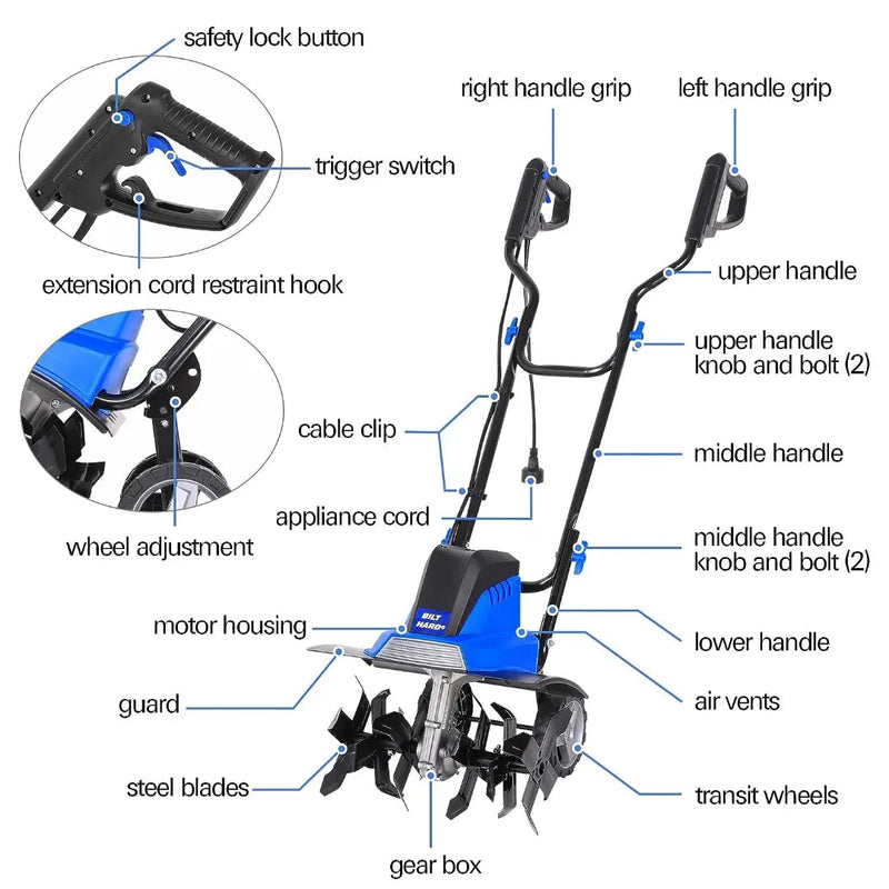BILT HARD Tiller Cultivator 16 inch, 13.5 Amp 6 Steel Tines Tillers for Gardening Foldable, Electric Garden Rototiller with Adjustable Wheels