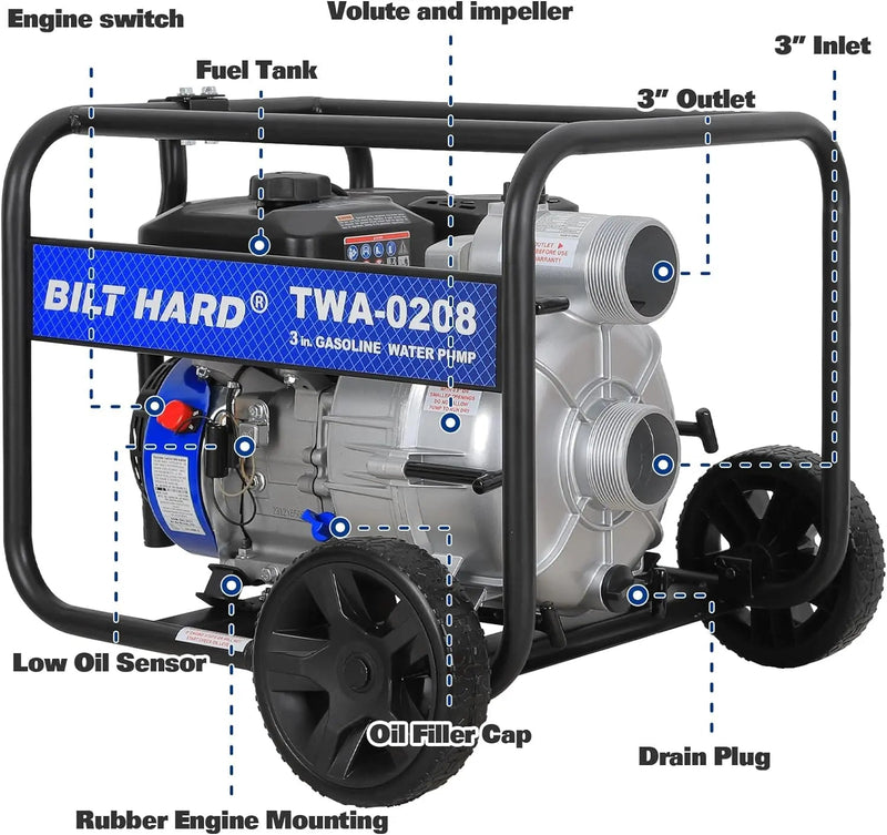 BILT HARD Trash Pump 3 inch, 264 GPM 6.5HP Gas Powered Full Trash Water Pump with Handle and Wheels, 50 ft Discharge Hose, 15 ft Suction Hose with Complete Fittings