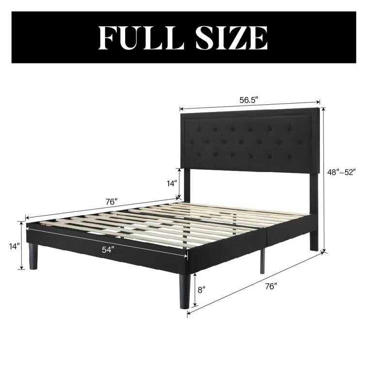 Full size Black Linen Upholstered Platform Bed with Button-Tufted Headboard, photo 5 of 5