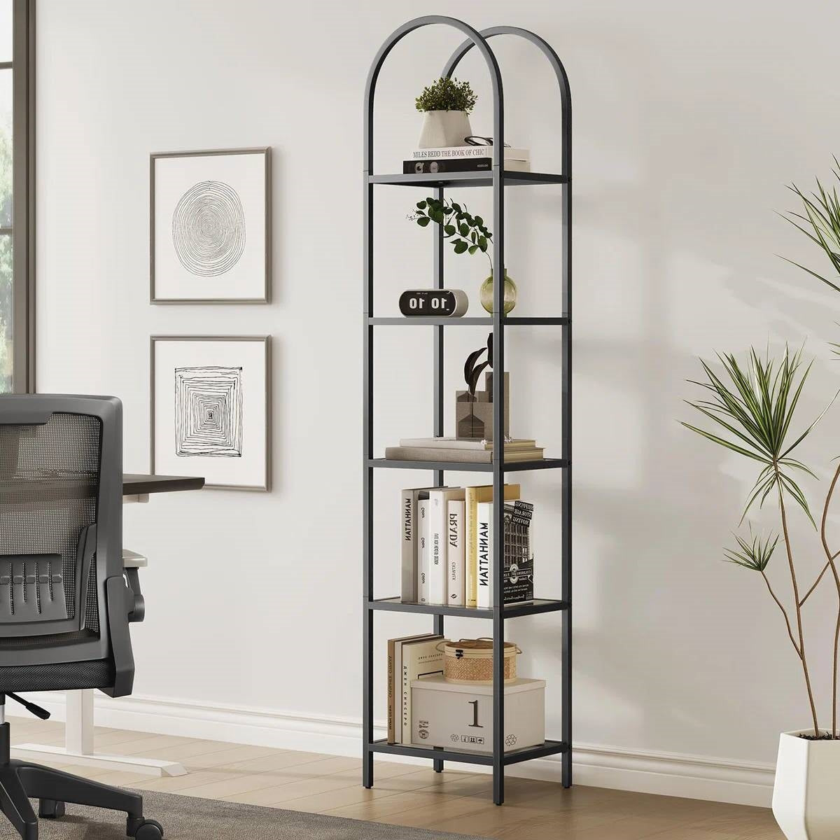 Arched Top Black Metal Display Rack Narrow Bookcase with 5 Glass Storage Shelves, photo 2 of 5