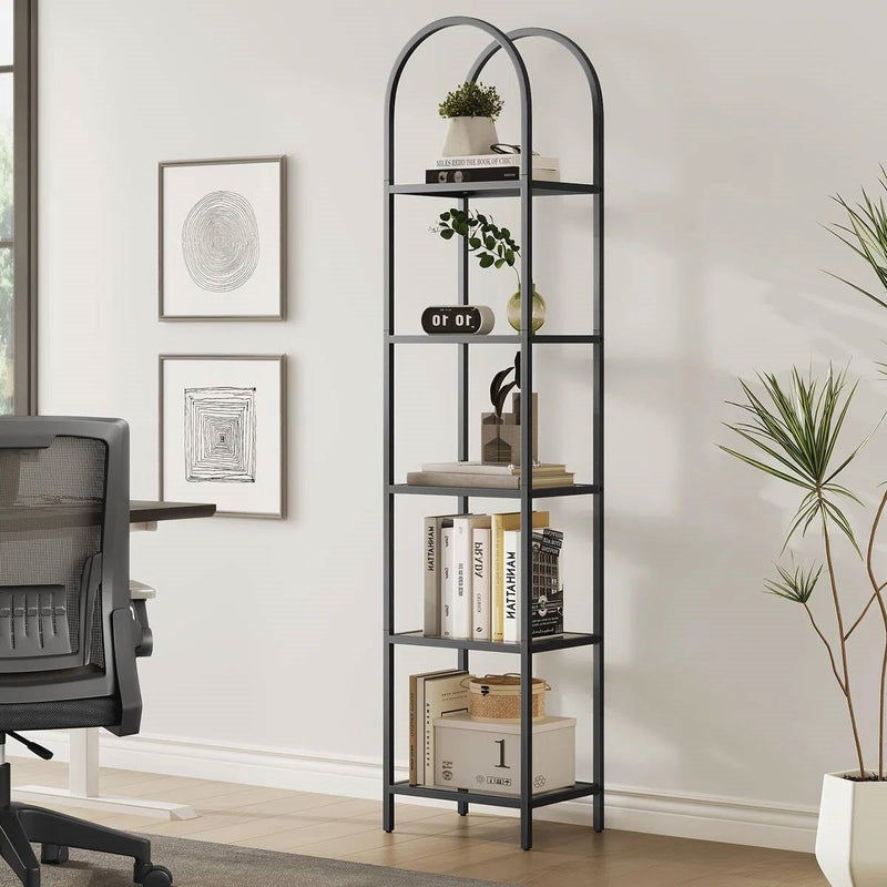 Arched Top Black Metal Display Rack Narrow Bookcase with 5 Glass Storage Shelves, photo 2 of 5