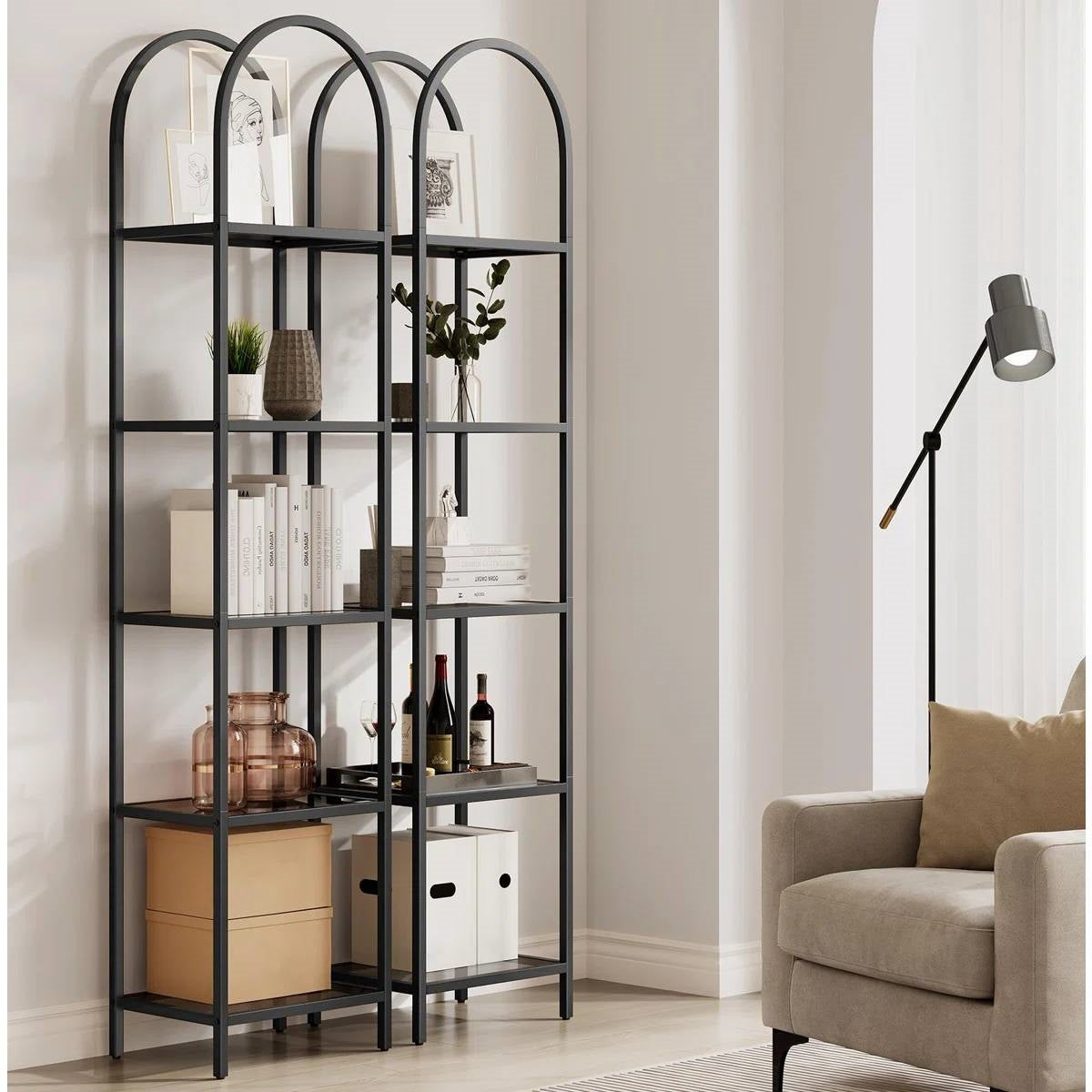 Arched Top Black Metal Display Rack Narrow Bookcase with 5 Glass Storage Shelves, photo 3 of 5