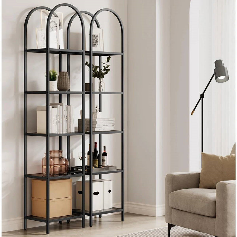 Arched Top Black Metal Display Rack Narrow Bookcase with 5 Glass Storage Shelves, photo 3 of 5