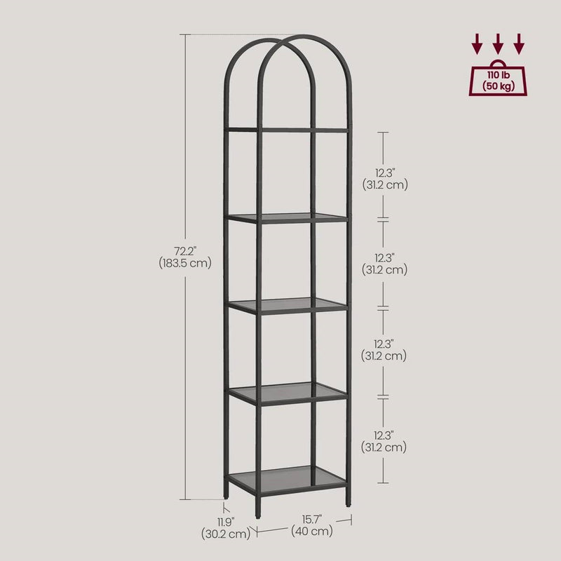 Arched Top Black Metal Display Rack Narrow Bookcase with 5 Glass Storage Shelves, photo 5 of 5