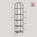 Arched Top Black Metal Display Rack Narrow Bookcase with 5 Glass Storage Shelves