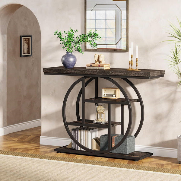 Modern 41-inch Circular Base Foyer Entryway Table with Black Wood Finish Shelves, photo 2 of 5