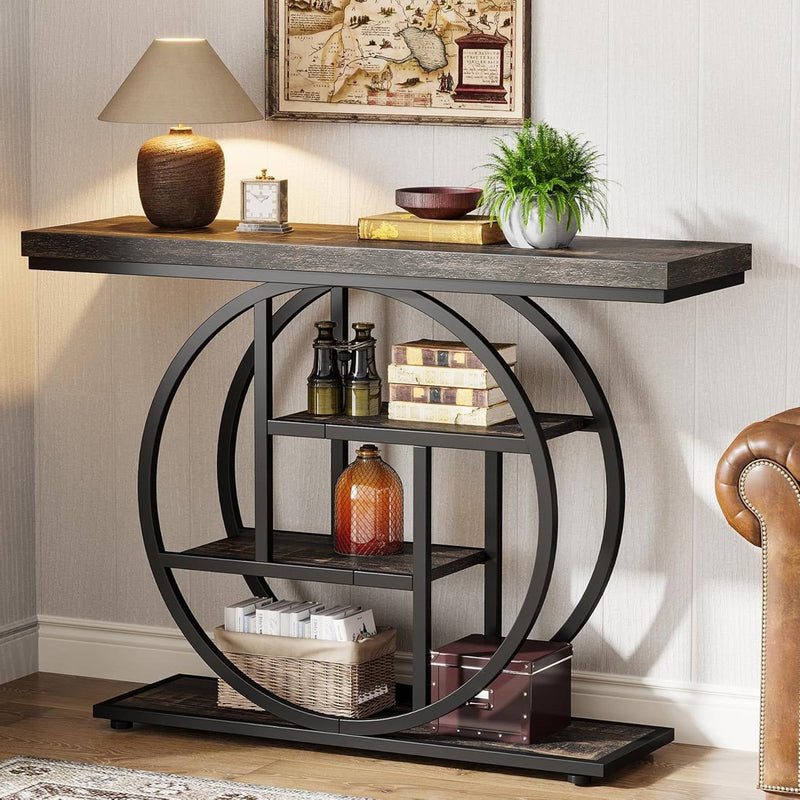 Modern 41-inch Circular Base Foyer Entryway Table with Black Wood Finish Shelves, photo 3 of 5