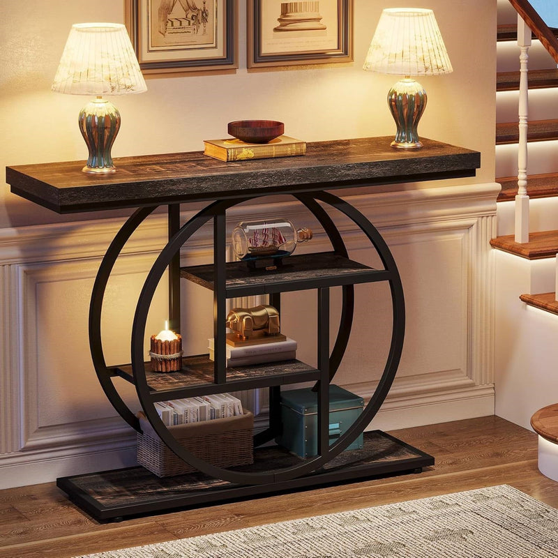 Modern 41-inch Circular Base Foyer Entryway Table with Black Wood Finish Shelves, photo 4 of 5