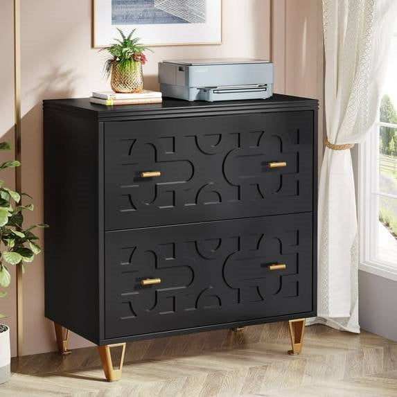 Retro Black/Gold Geometric Scroll 2 Drawer Filing Cabinet Printer Stand, photo 3 of 5