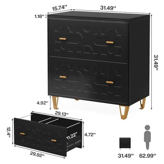 Retro Black/Gold Geometric Scroll 2 Drawer Filing Cabinet Printer Stand, photo 5 of 5