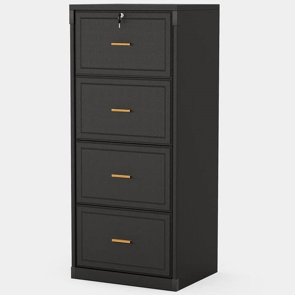 Vertical File Cabinet in Black Wood Finish with 4 Lockable Storage Drawers