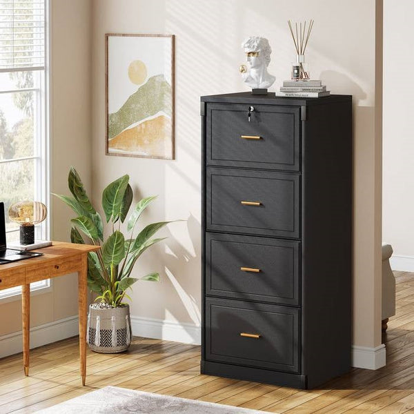 Vertical File Cabinet in Black Wood Finish with 4 Lockable Storage Drawers, photo 2 of 5