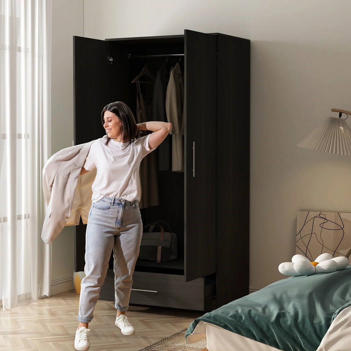 Modern Armoire Wardrobe Closet Cabinet with Storage Drawer in Black Wood Finish, photo 2 of 5