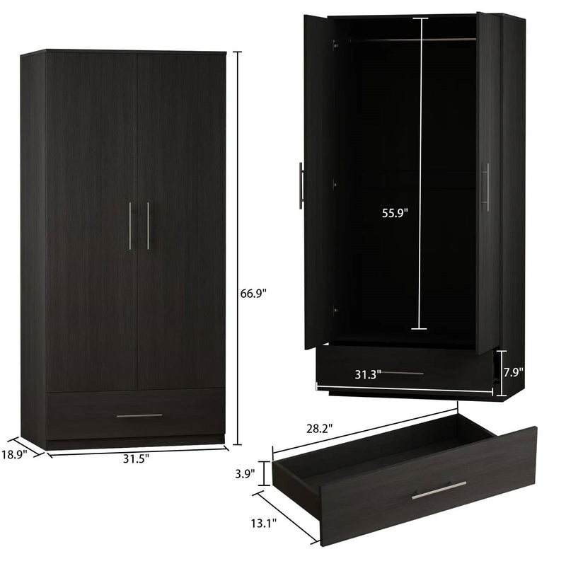 Modern Armoire Wardrobe Closet Cabinet with Storage Drawer in Black Wood Finish, photo 5 of 5