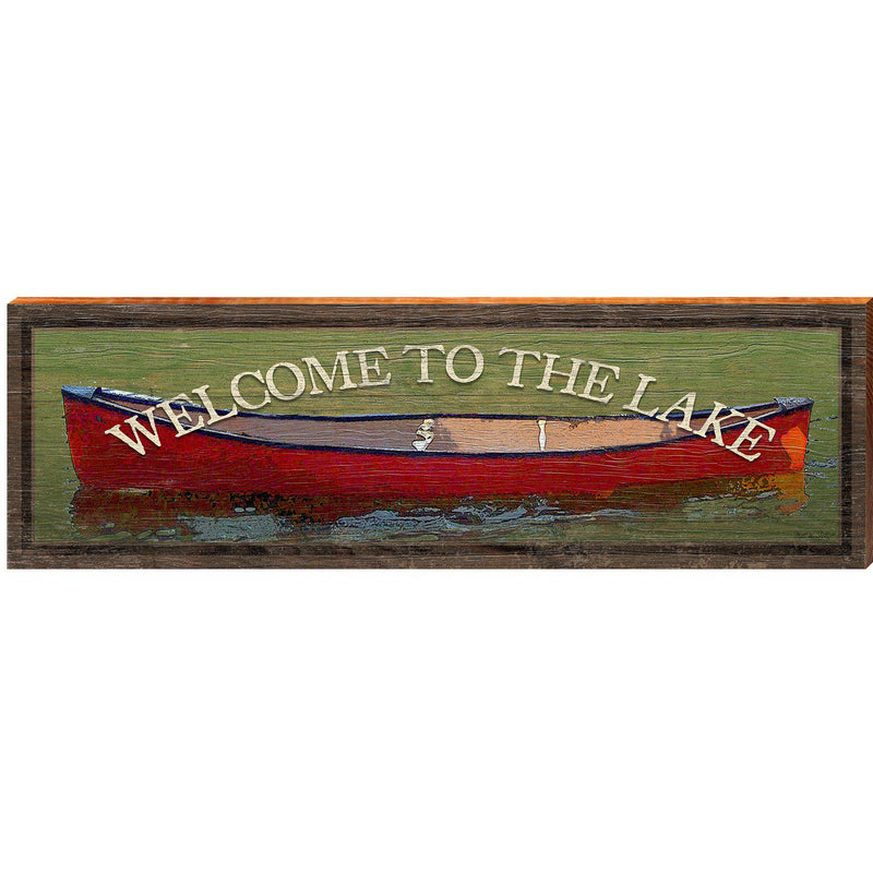 Welcome to the Lake Red Canoe | Wall Art Print on Real Wood