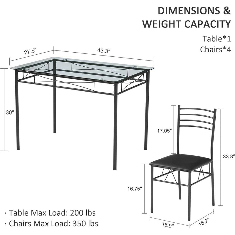 Black 5-Piece Dining Set with Rectangular Glass-Top Table and 4 Chairs, photo 5 of 5