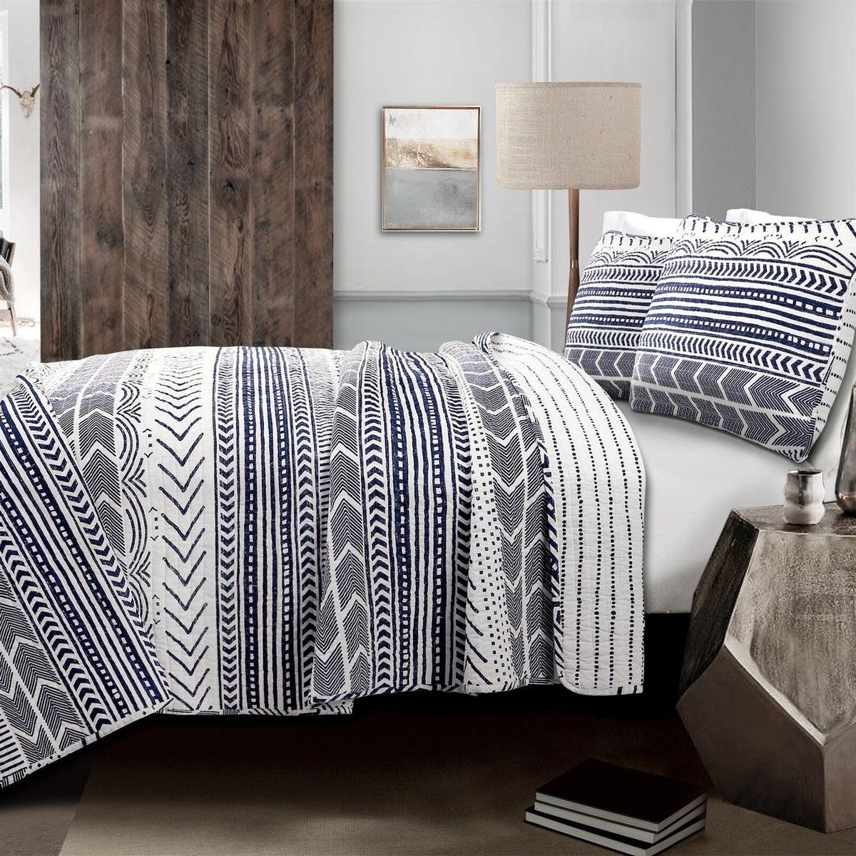 3 Piece Scandinavian Blue White Reversible Cotton Set in Full/Queen, photo 3 of 5