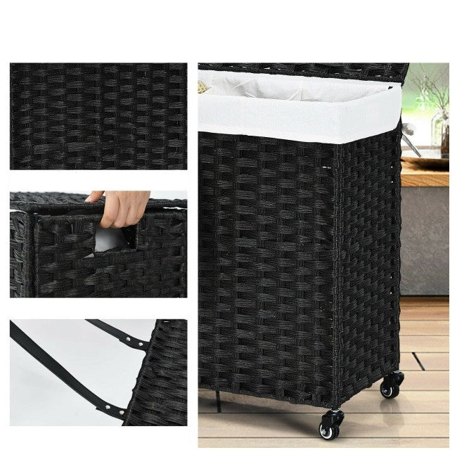 Black 3 Bin Linen Lined on Wheels PR Rattan Laundry Hamper, photo 2 of 3