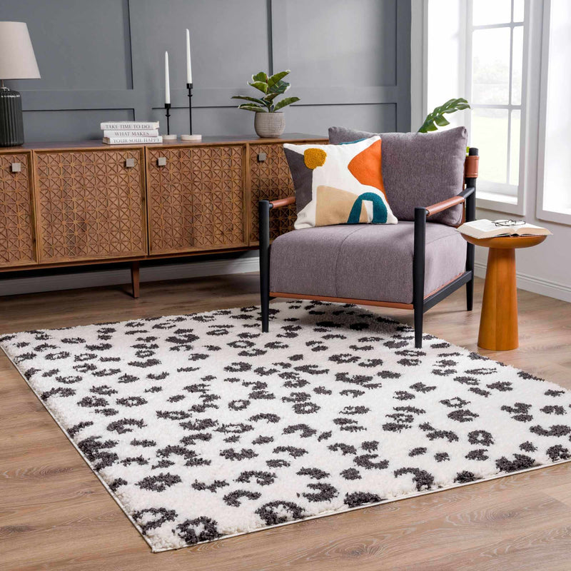 Zhen Black Spots White Leopard Shag Rug