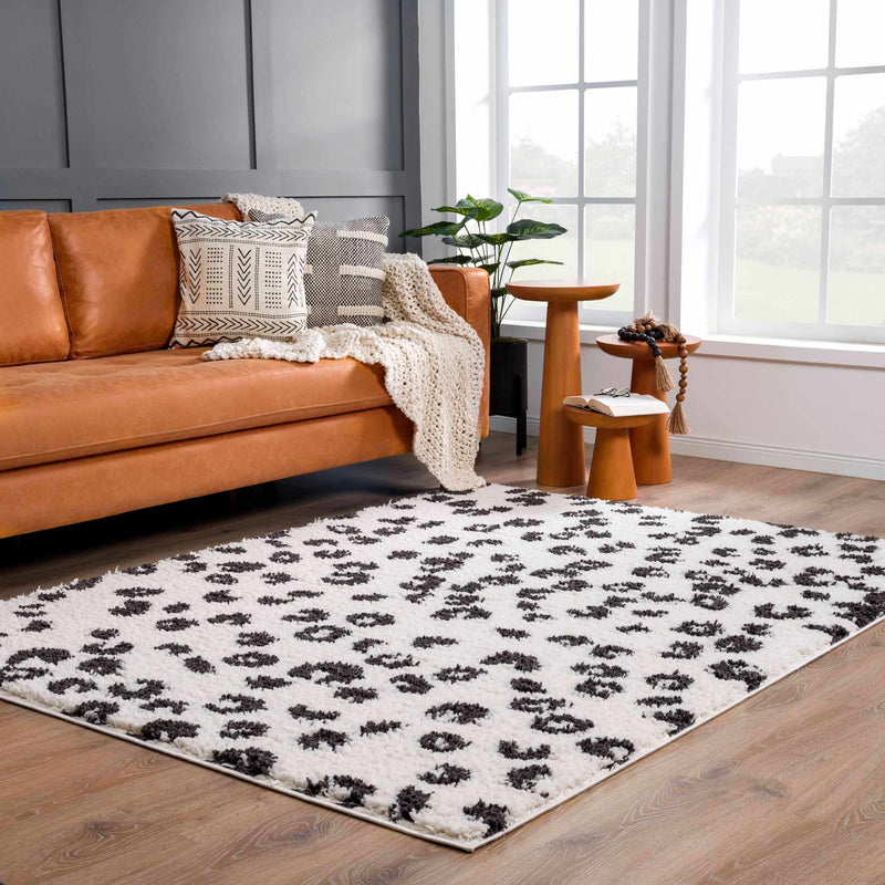 Zhen Black Spots White Leopard Shag Rug