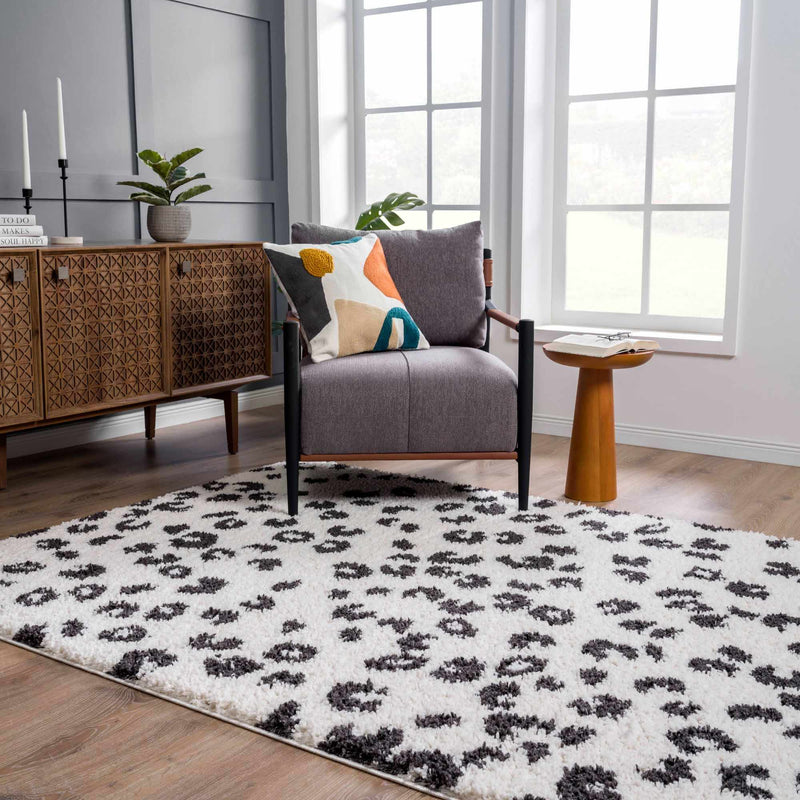 Zhen Black Spots White Leopard Shag Rug