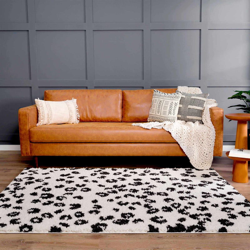 Zhen Black Spots White Leopard Shag Rug