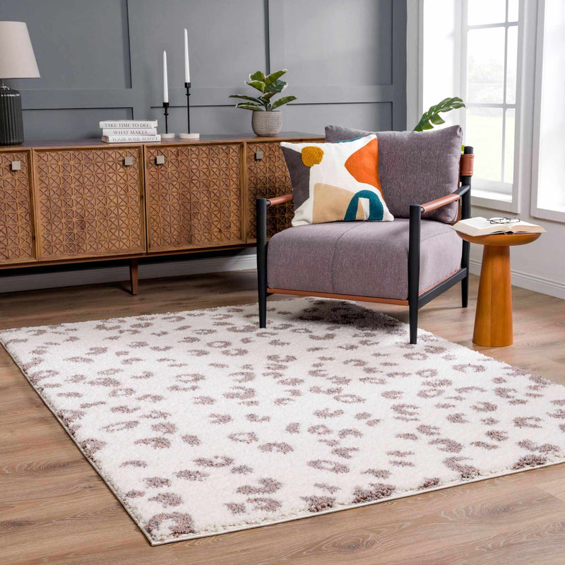 Zhen Plum Spots White Leopard Shag Rug