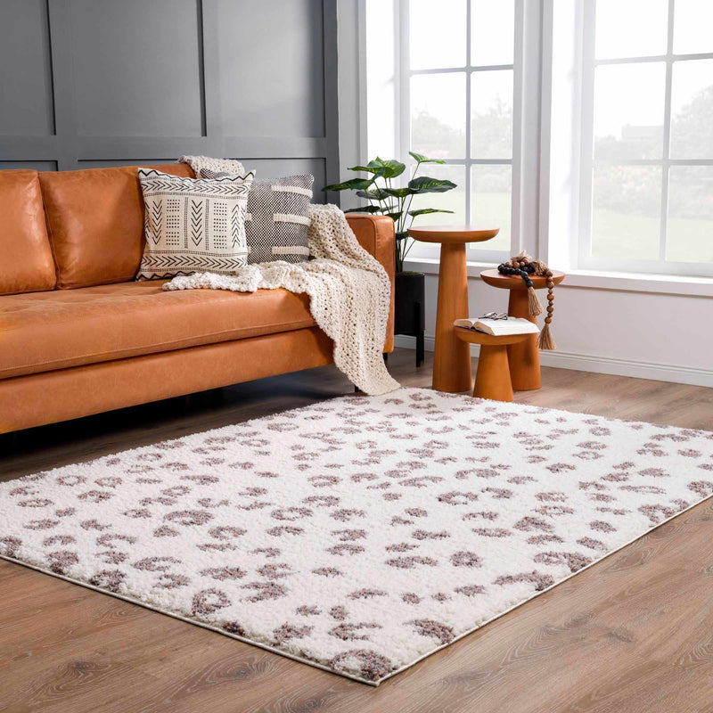 Zhen Plum Spots White Leopard Shag Rug