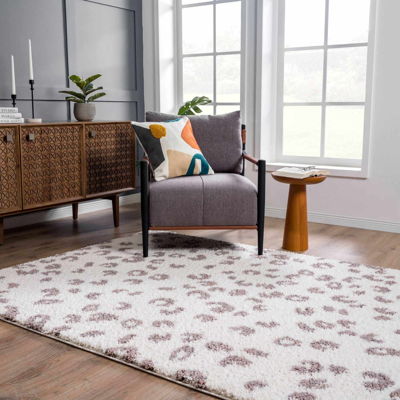 Zhen Plum Spots White Leopard Shag Rug