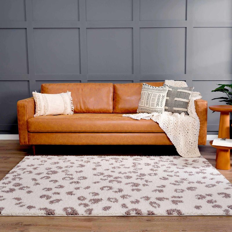 Zhen Plum Spots White Leopard Shag Rug