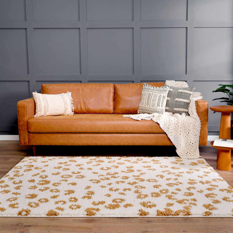 Zhen Yellow Spots White Leopard Shag Rug