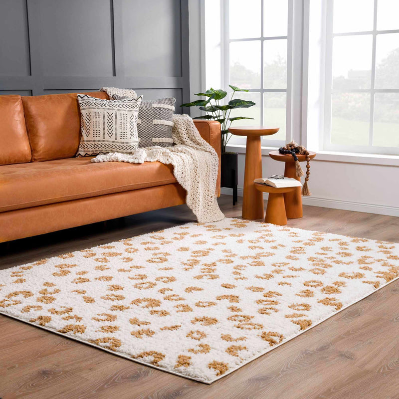 Zhen Yellow Spots White Leopard Shag Rug