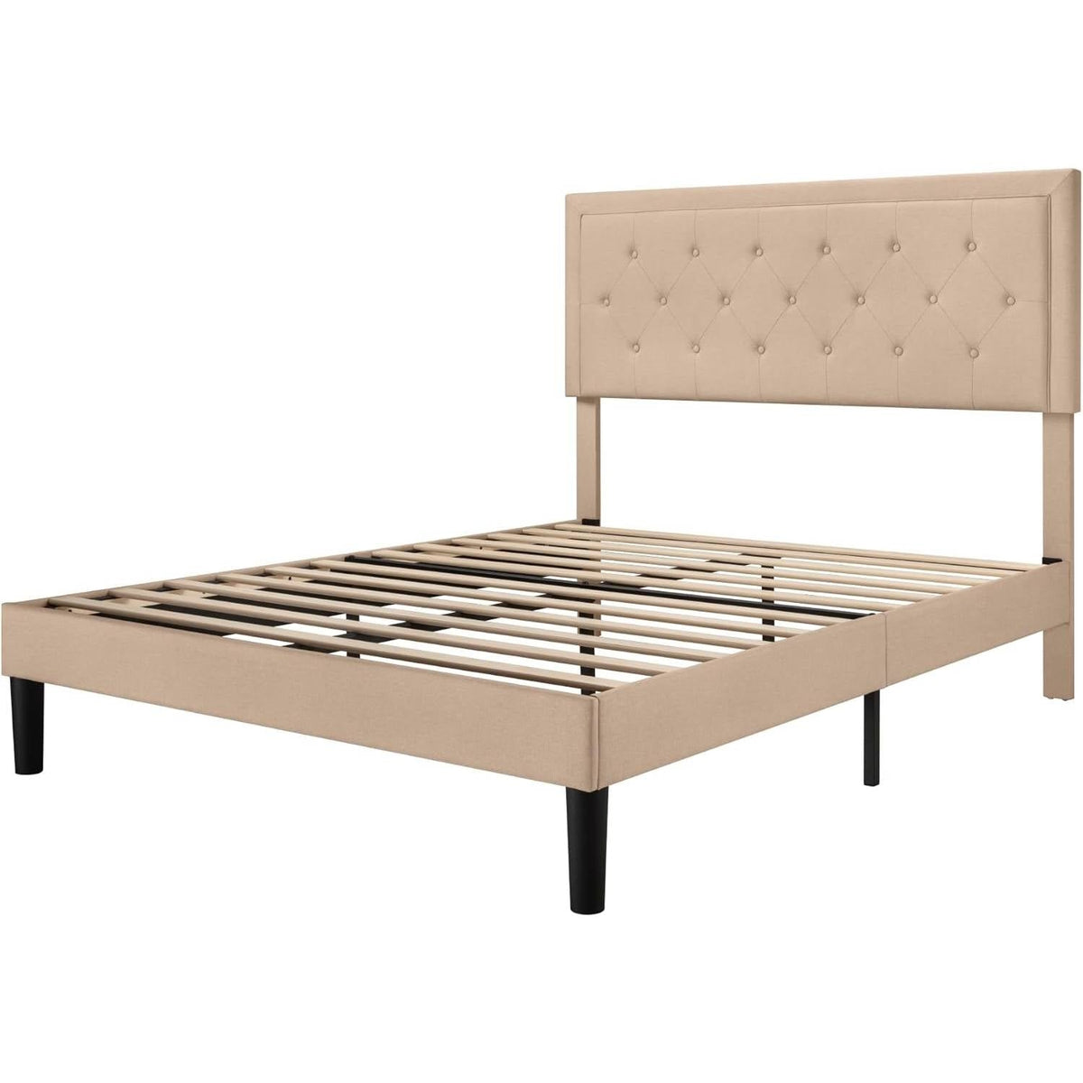 Queen size Beige Linen Platform Bed Frame with Button Tufted Headboard, photo 3 of 5