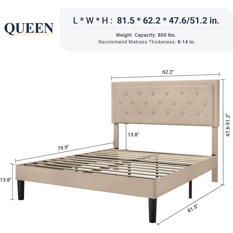 Queen size Beige Linen Platform Bed Frame with Button Tufted Headboard, photo 5 of 5