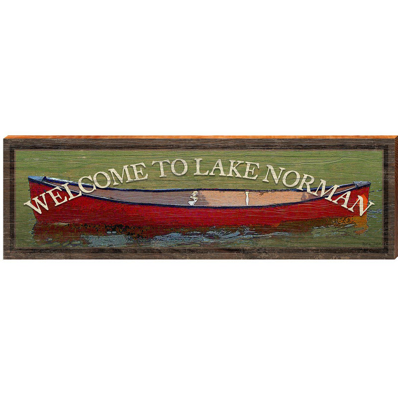 Welcome to Lake Norman Red Canoe | Wall Art Print on Real Wood