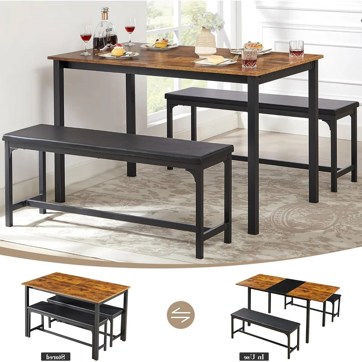 Modern 3-Piece Dining Set with Expandable Kitchen Table and 2 Backless Benches, photo 3 of 5