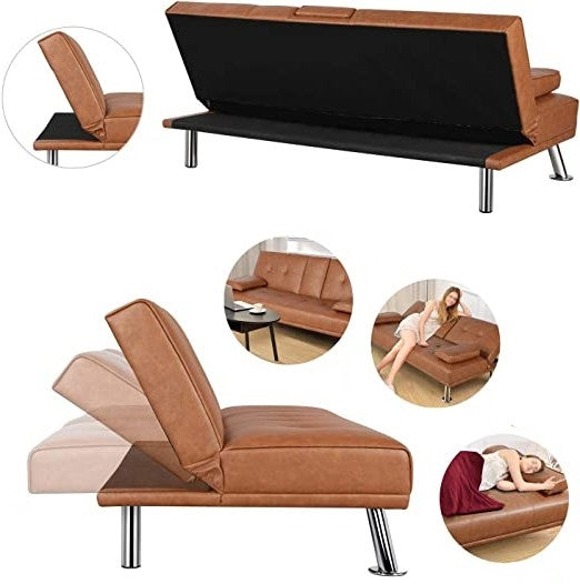 Brown Modern Faux Leather Cup Holders Convertible Sofa Bed Futon Sleeper, photo 3 of 4