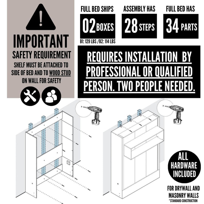 Easy-Lift Full Murphy Wall Bed in Dark Grey with Bookshelf