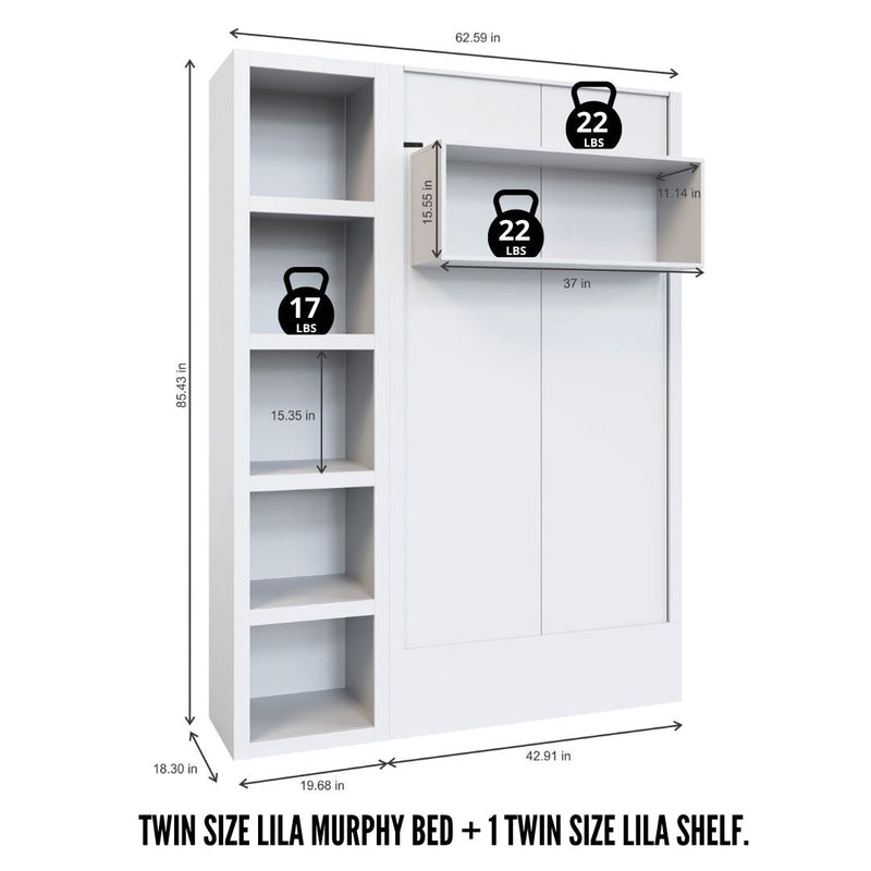 Easy-Lift Twin Murphy Wall Bed in Dark Grey with Bookshelf