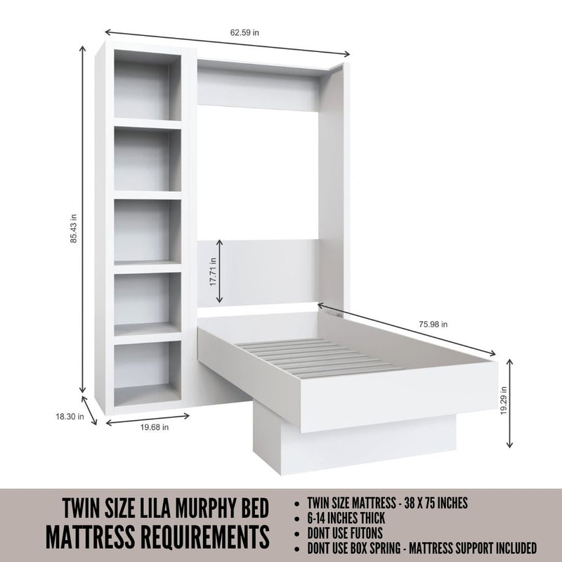Easy-Lift Twin Murphy Wall Bed in White with Bookshelf
