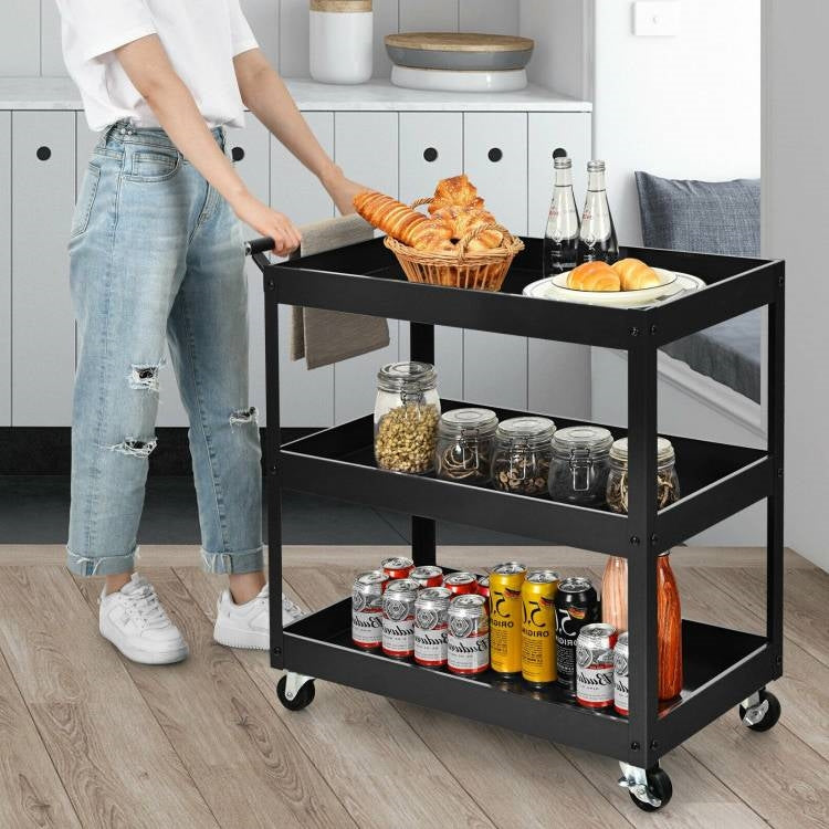 Black Steel Frame Kitchen Serving Utility Cart on Wheels with 2 Bottom Shelves, photo 3 of 5