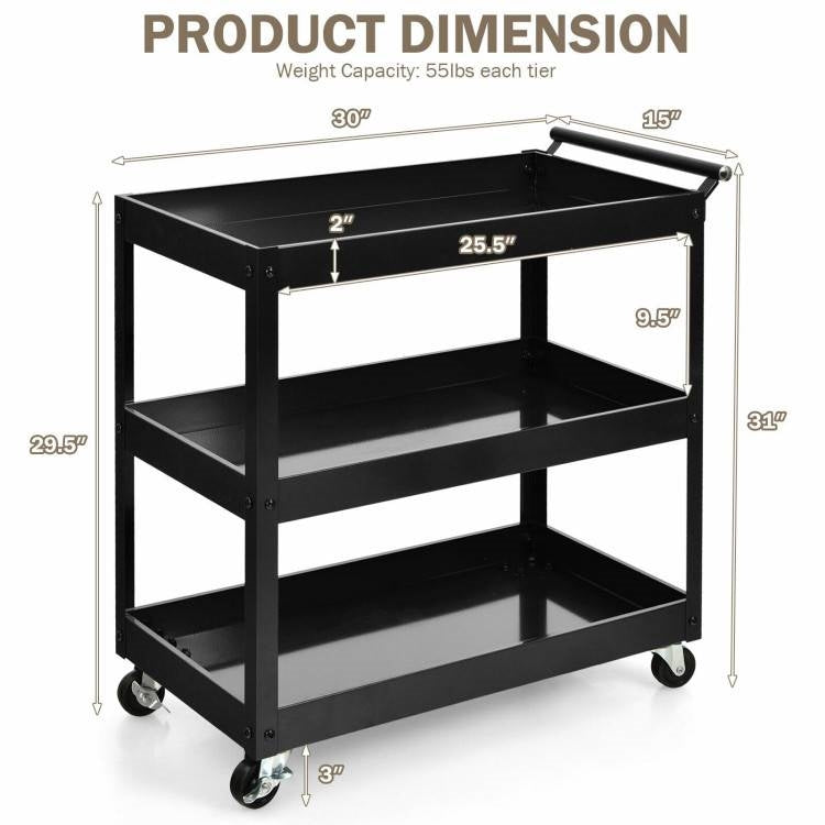 Black Steel Frame Kitchen Serving Utility Cart on Wheels with 2 Bottom Shelves, photo 5 of 5