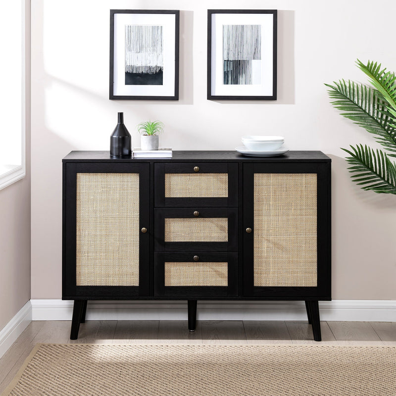 Boho 3 Drawer Solid Wood and Rattan Buffet Sideboard