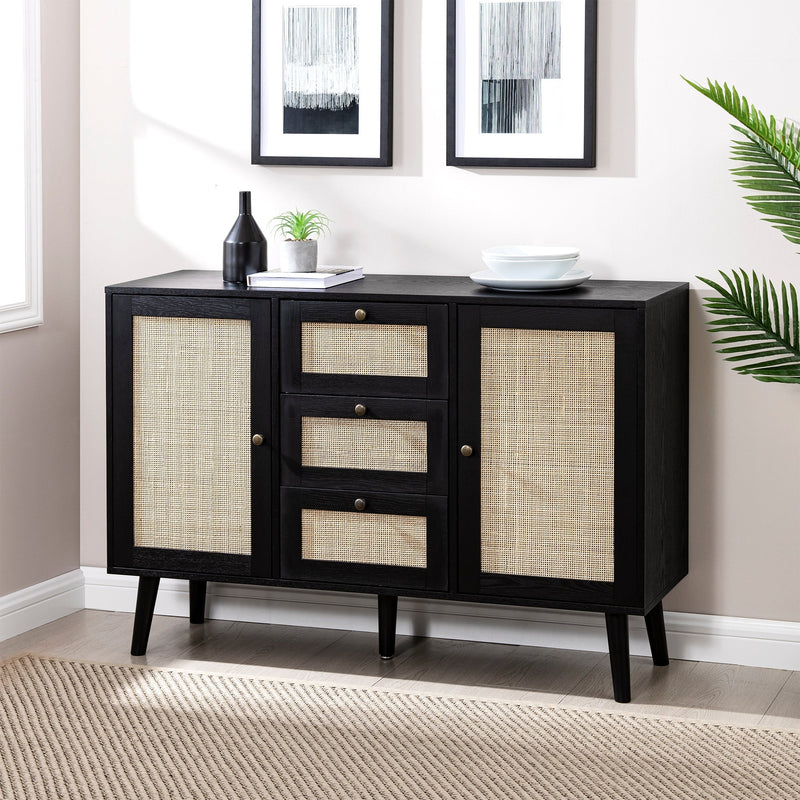 Boho 3 Drawer Solid Wood and Rattan Buffet Sideboard